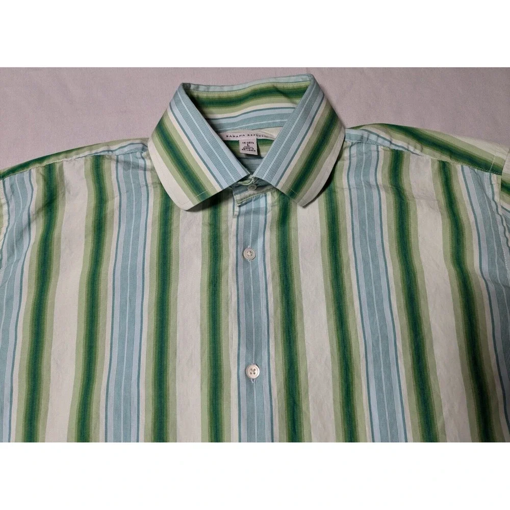 BANANA REPUBLIC Men 16-16.5‎ Large Green Striped French Cuff Cotton Dress Shirt